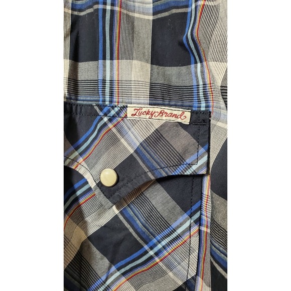 Lucky Brand Western Shirt  Pearl Snap Mens Extra Large Black White Blue Plaid - Picture 2 of 7